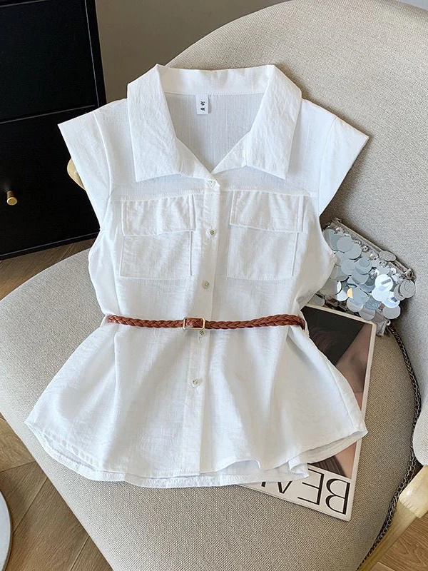 

White Belted Shoulder Shirt Women's Summer Loose Fit Sleeveless Neck Premium Feeling Lazy Style Small Capitalist Top