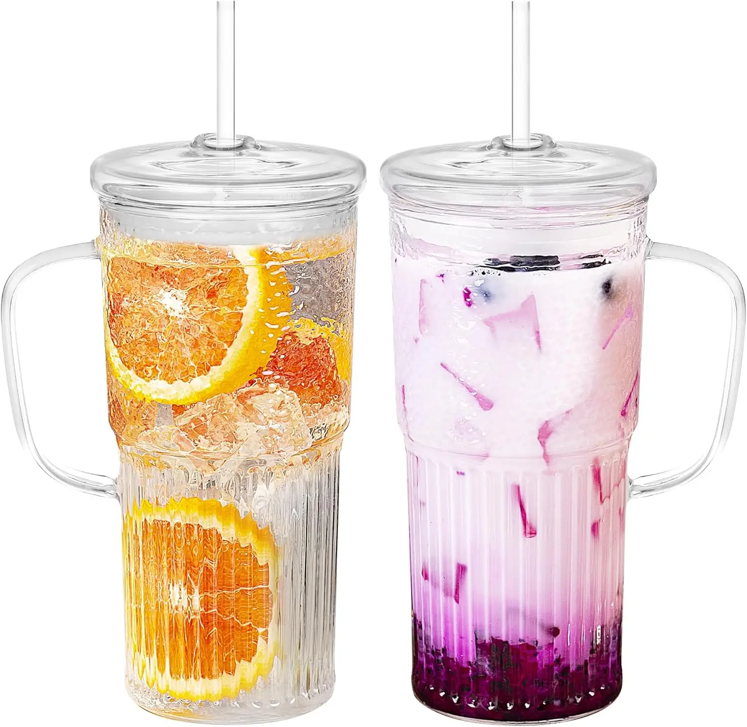 

20oz Glass Cup with Lids and Straws 2Pack Glass Tumbler with Handle-Wide Mouth Ice Coffee Cup Borosilicate Drinking Glasses for