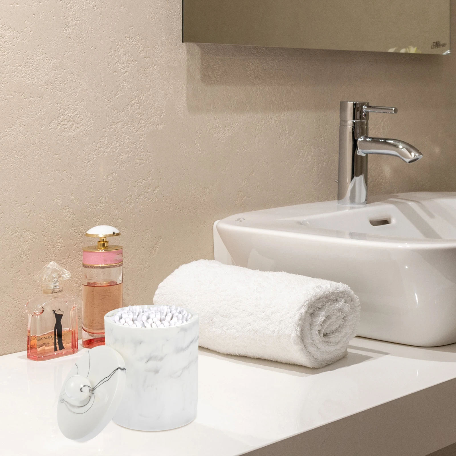 

1pc Marble Vein Toothpick Cotton Swab Storage Box Resin Desktop Organizer Household Accessory Holder Dustproof Moistureproof