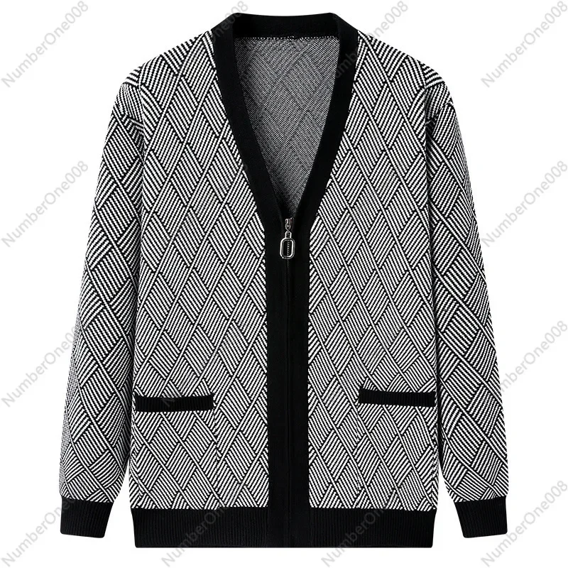 Men's Knitted Cardigan 2024 Autumn New Zipper Color Matching Long Sleeve Pocket Button Decorative Sweater Jacket Men