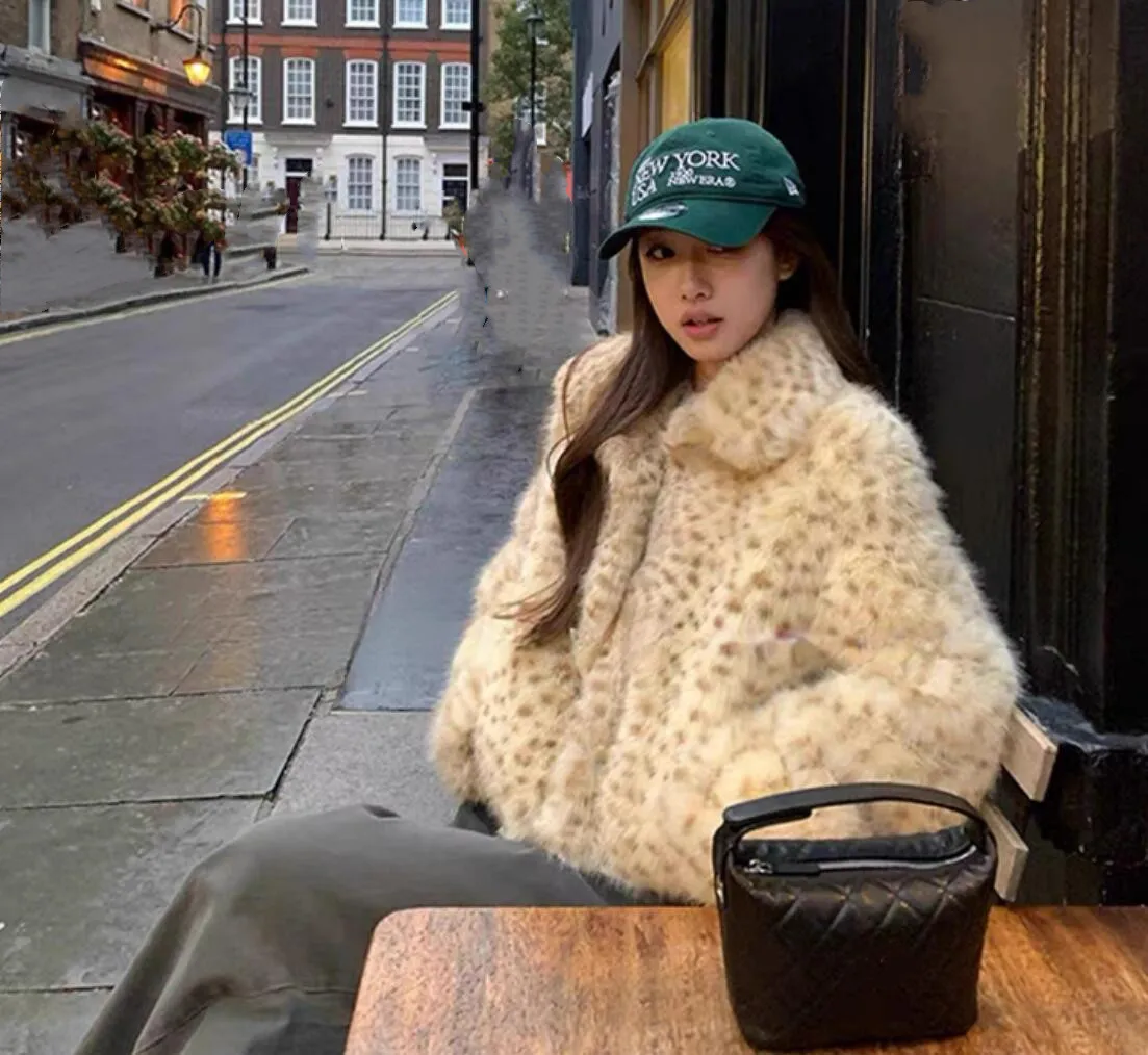 New Winter Cute Animal Leopard Dot Faux Rabbit Fur Coat CHIC Women Lapel Collar Long Sleeve Shaggy Warm Jacket Short Outerwear