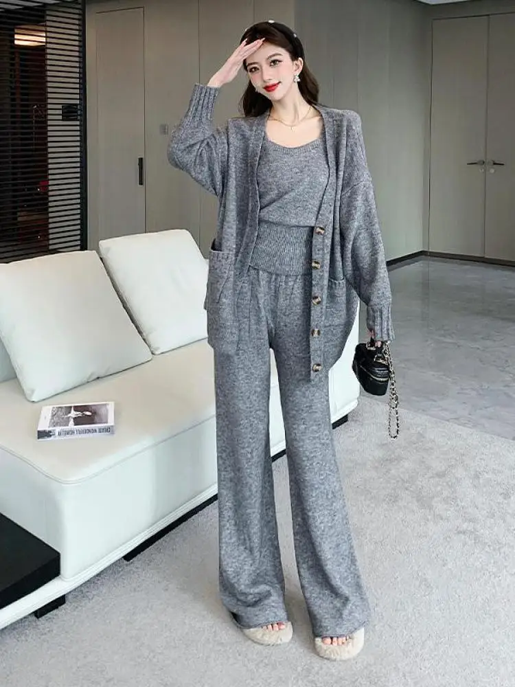 

Autumn Winter Suit Women Solid V Neck Elegant Button Cardigan Sweater + Knit Slip Tops And High Waist Long Pant Three Piece Set