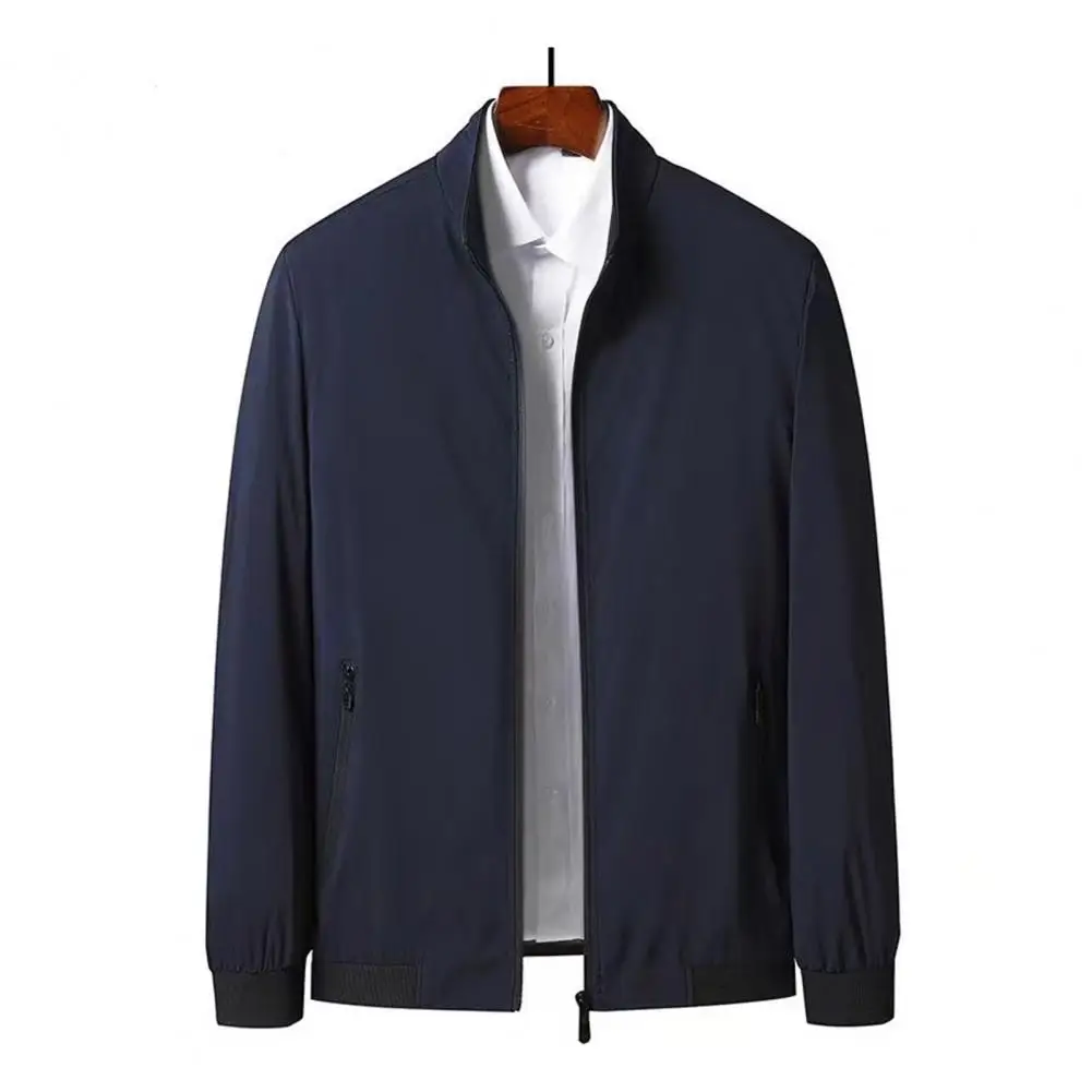 Men Windproof Jacket Men's Stand Collar Jacket Windproof Long Sleeve Outerwear with Zipper Closure Smart Temperament Coat