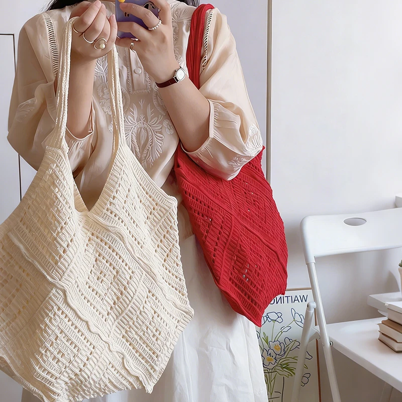 Große Stricktasche Schulter Einkaufstasche für Frauen Vintage Baumwolltuch Mädchen Tote Shopper Tasche Große weibliche Häkelhandtasche