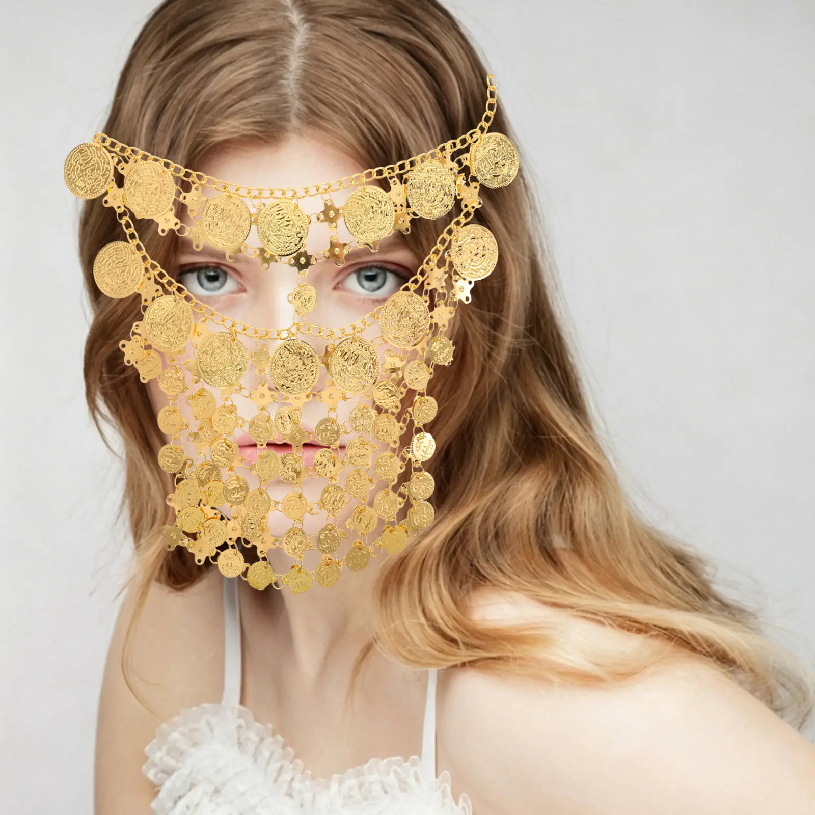 Egyptian Belly Dance Jewelry Golden Metal Coin Veil Lightweight Breathable Face Chain Mask Tribal Arabian Costume Accessories view 2