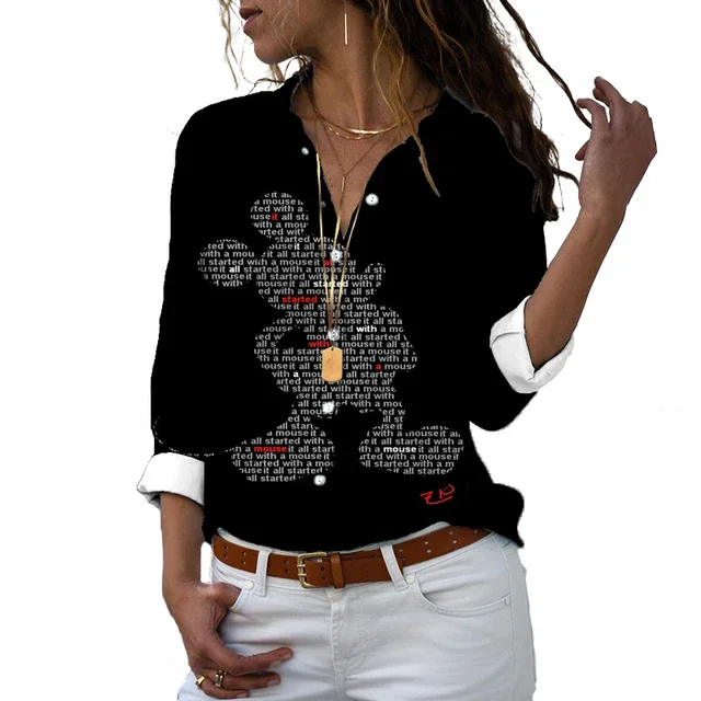

Disney New 2025 Women's Shirt Slim Fit 3D Printing Women's Button Long Sleeve Lapel Mickey Minnie Casual Cute Shirt Y2k