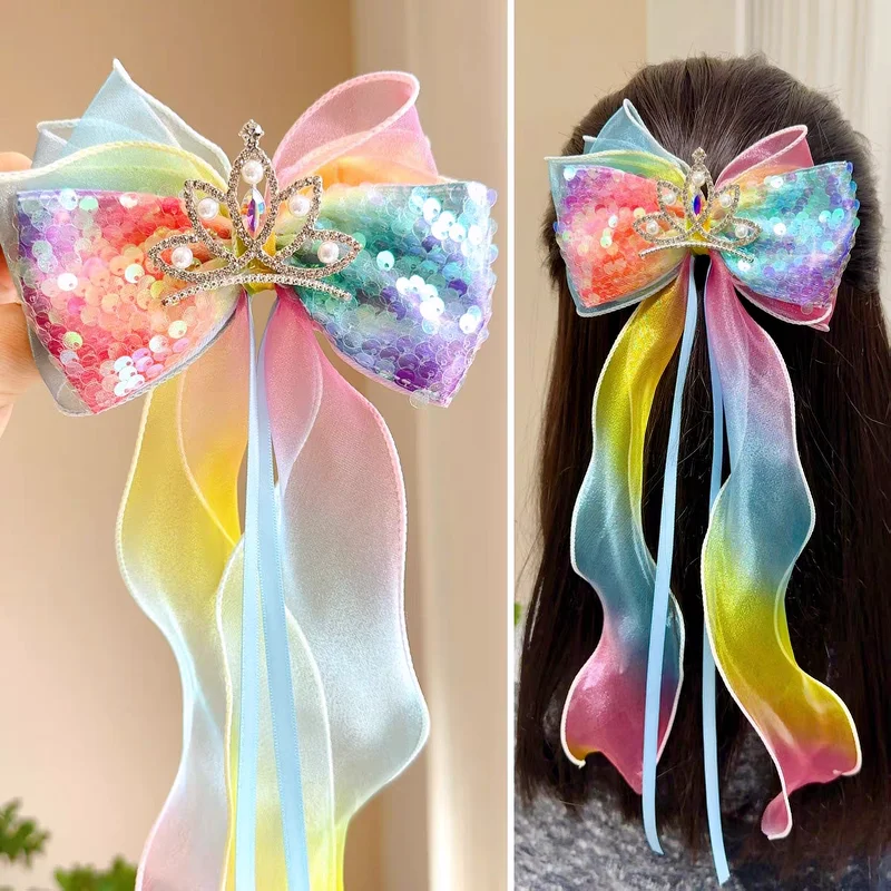 

Girl Princess Rainbow Gradient Pearl Crown Shark Clip Hairpin Birthday Gift Christmas and New Year Gift