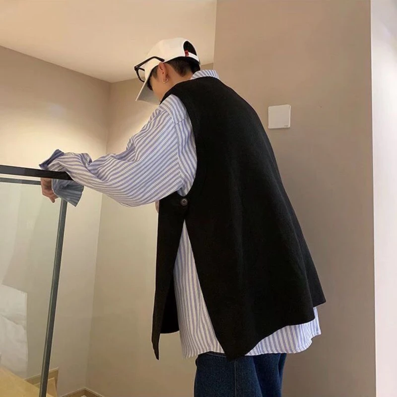 

Вязаный жилет с открытым разрезом для мужчин, винтажный свободный крой, однотонный пуловер с круглым вырезом, верхняя одежда, модный универсальный аксессуар