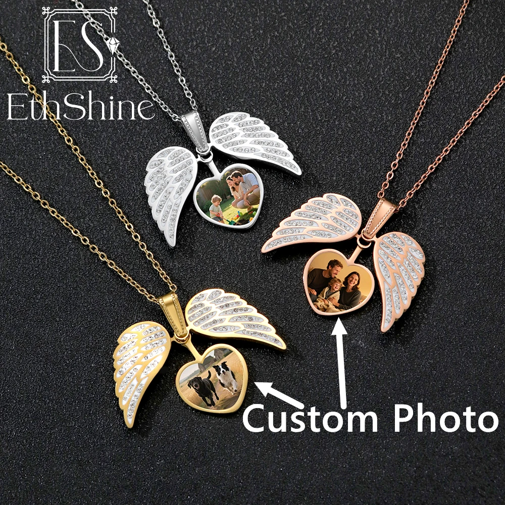 

Custom Photo Pendant Heart Necklace Personalized Charm Angel Wings Locket Necklace Stainless Steel Memorial Jewelry Gift
