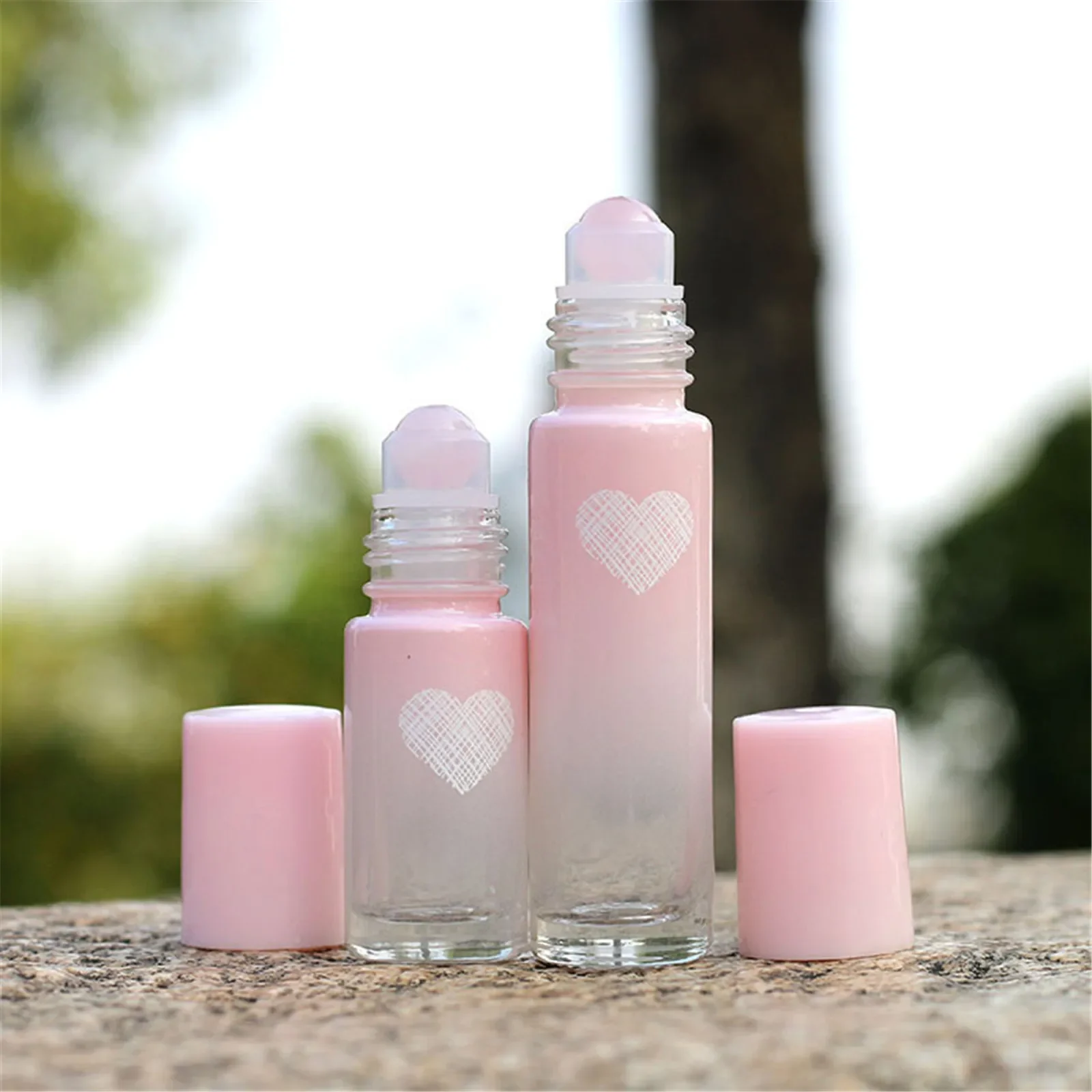 Gradient Pink Glass Roll on Bottle Empty Perfume Bottle Love Pattern Essential Oil Roller Ball Bottle Liquid Makeup Container
