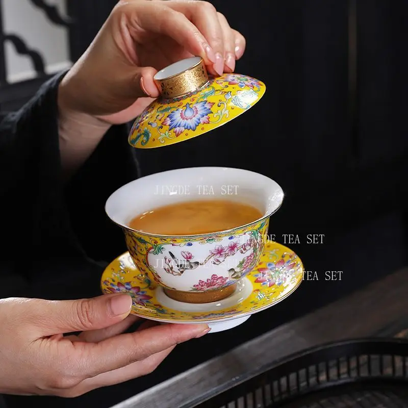 Chinese Enamel Bird & Flower Porcelain Gaiwan 3-piece Tea Bowl Gold Trim Famille Rose Kung Fu Tea Brewing Cup Multiple Colors