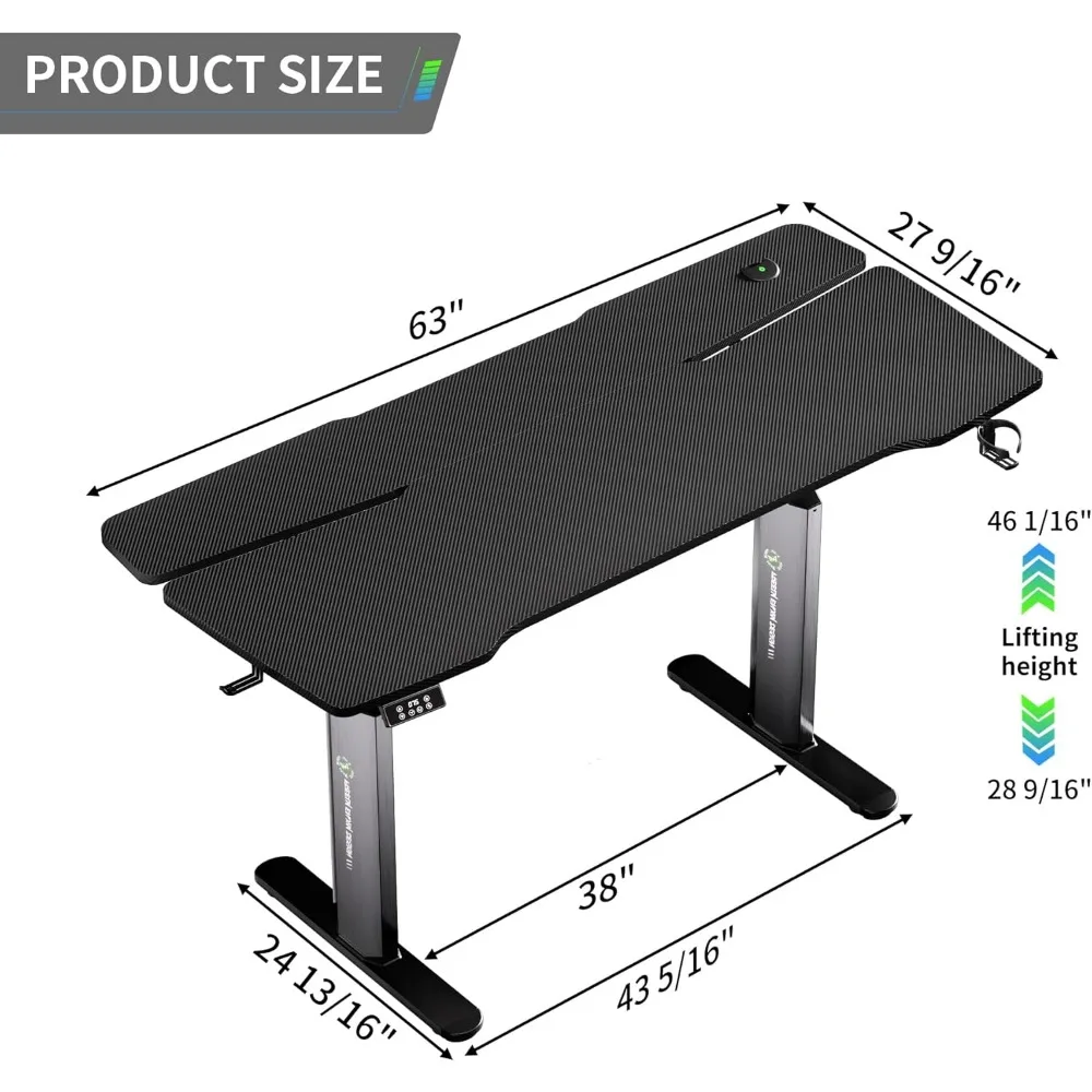 63x28 In Computer Desk with Mecha LED Panel, Digital Display Controller, Aluminum Wide Legs, Carbon Fiber Texture, Electric Desk