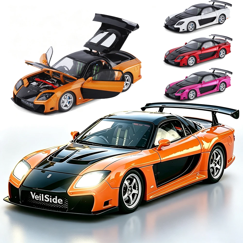 1:24 Scale JDM RX7 Pull Back Car Model with Light Sound Door Opening Function Simulation Alloy Vehicle Collectible Toy for Boys