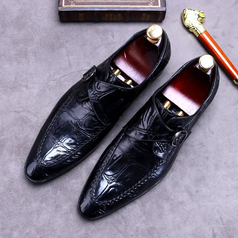 

Retro Mens Dress Shoes Luxury Genuine Leather Summer British Trend Fashion Crocodile Pattern Handmade Quality Wedding Shoes Man