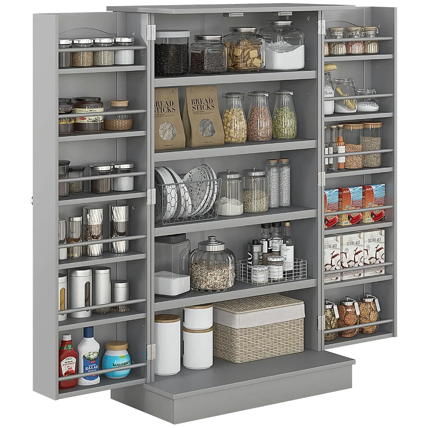 Kitchen Pantry Storage Cabinet 12 Shelves Double Doors Freestanding 5-Tier Adjustable Shelving Gray, Customized