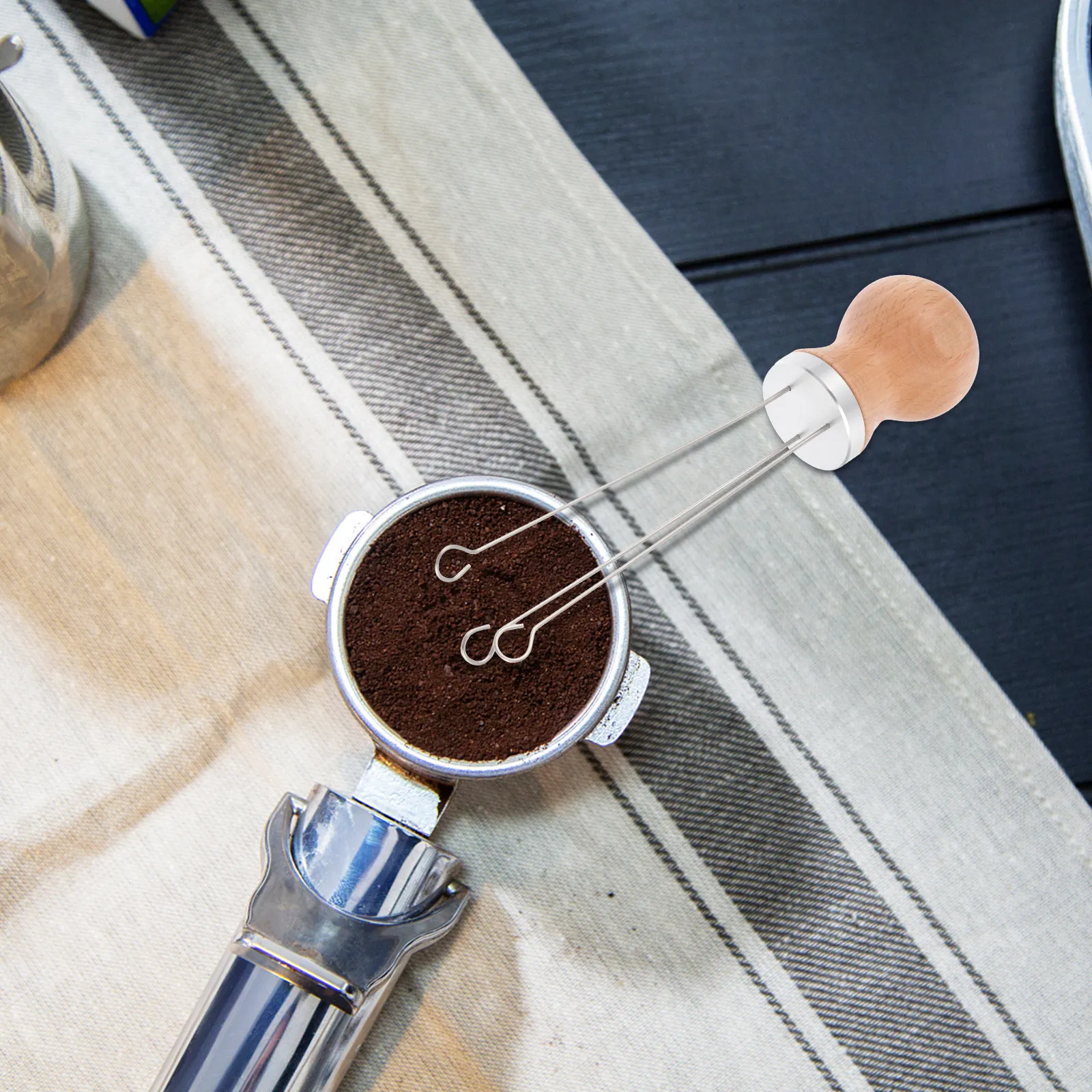 

High-Durability Coffee Stirrer Needle Tamper Wood Handle Stainless Steel Espresso Distribution Tool for Fine Powder Separation