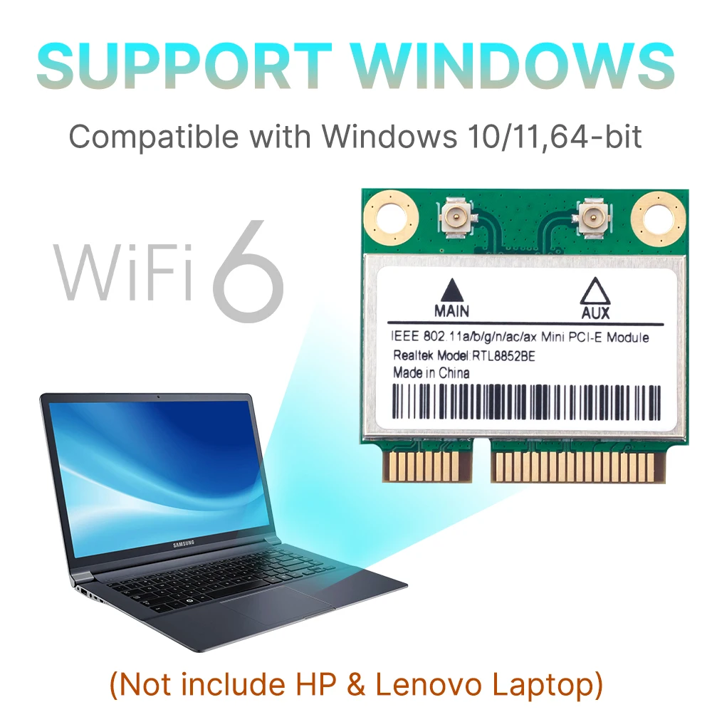 fenvi WiFi 6 RTL8852BE ミニ PCI-E ネットワークカード Bluetooth 5.2 AX1800 デュアルバンド 2.4 グラム/5GHz Wlan ワイヤレスアダプタ Windows 10/11 用