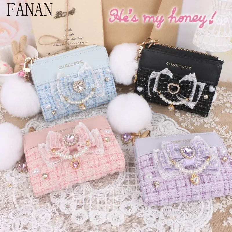 Fashion New Women's Wallets Lolita Style Japanese Mines Sweet Lady Holders Bow Lace Edge Rhinestone Short Wallet Girls Gift