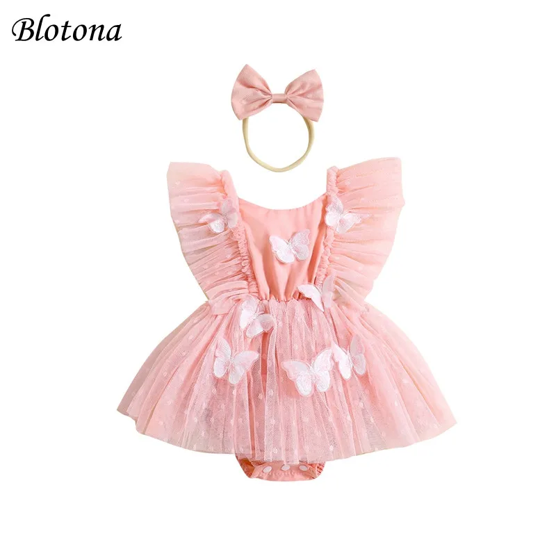 

Blotona Baby Girl 2 Piece Summer Set, 3D Butterfly Fly Sleeve Mesh Romper Dress + Bow Headband Newborn Toddler Outfits