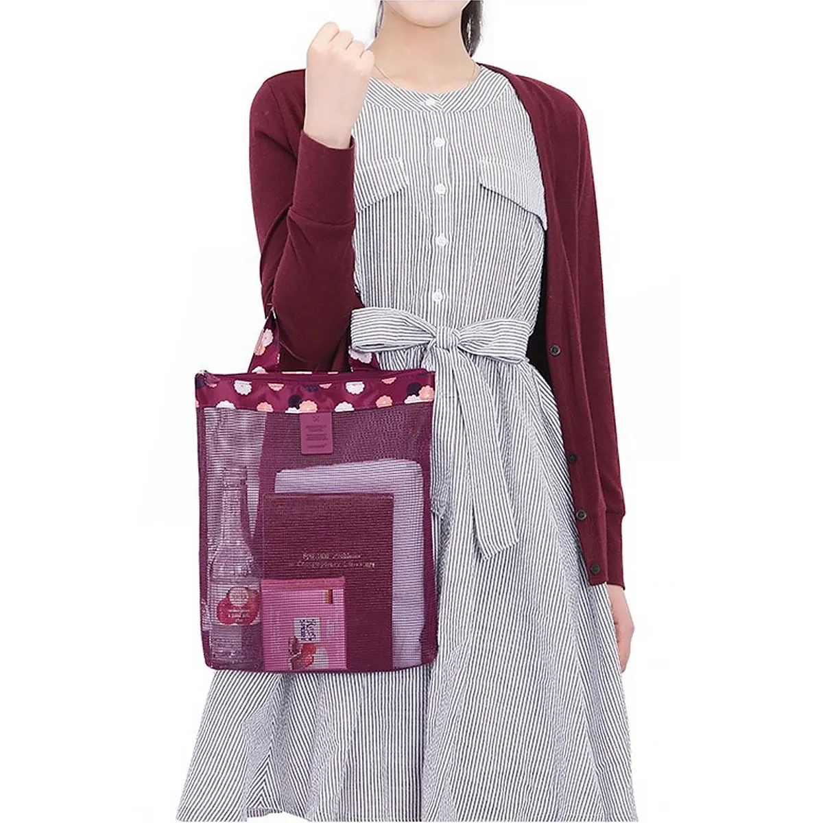 

2 шт. летних пляжных сумок из сетки с цветочным узором, прочные, вместительные, портативные, для хранения мелочей, купальников и обуви