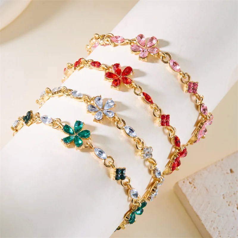 Charm Red Crystal Zircon Flower Bracelet For Women Vintage Boho Full Rhinestone Flowers Bangles Girls Party Christmas Jewelry