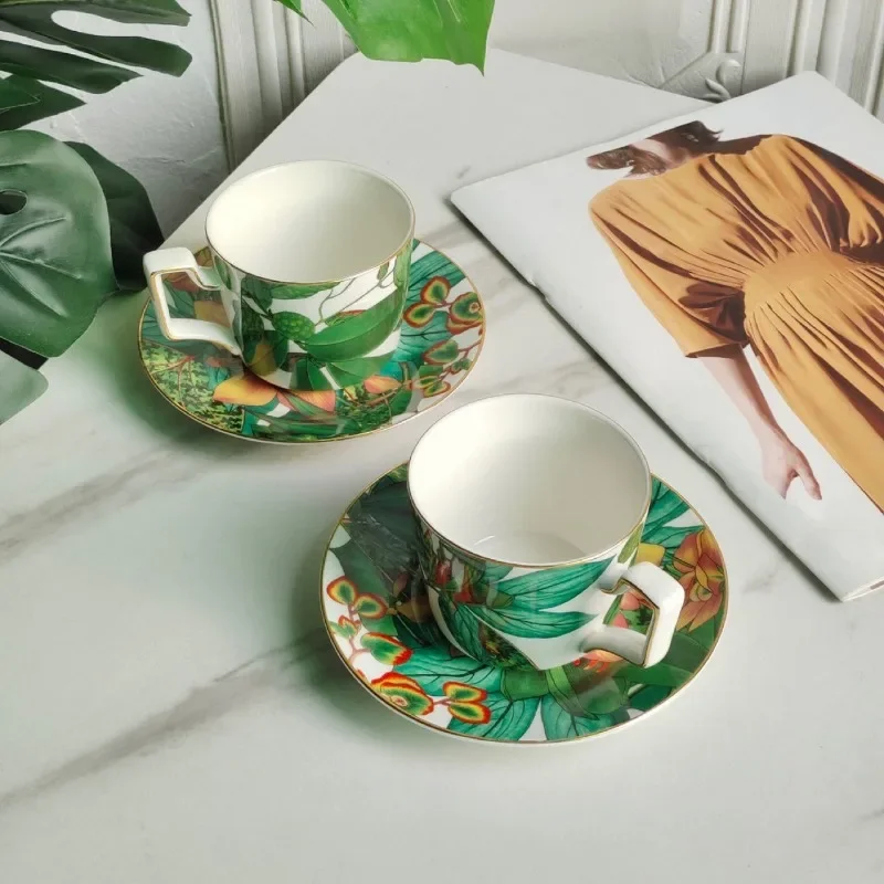 

Southeast Asian Tropical Rainforest Bone China 2 Cups 2 Plates Coffee Cup Set Tea Set Household High-end Water Cup Tableware