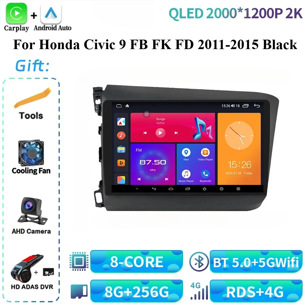 

For Honda Civic 9 FB FK FD 2011-2015 Black Left Hand Drive Car Radio Multimedia Navigation 4G Wireless BT CarPlay Touch Screen