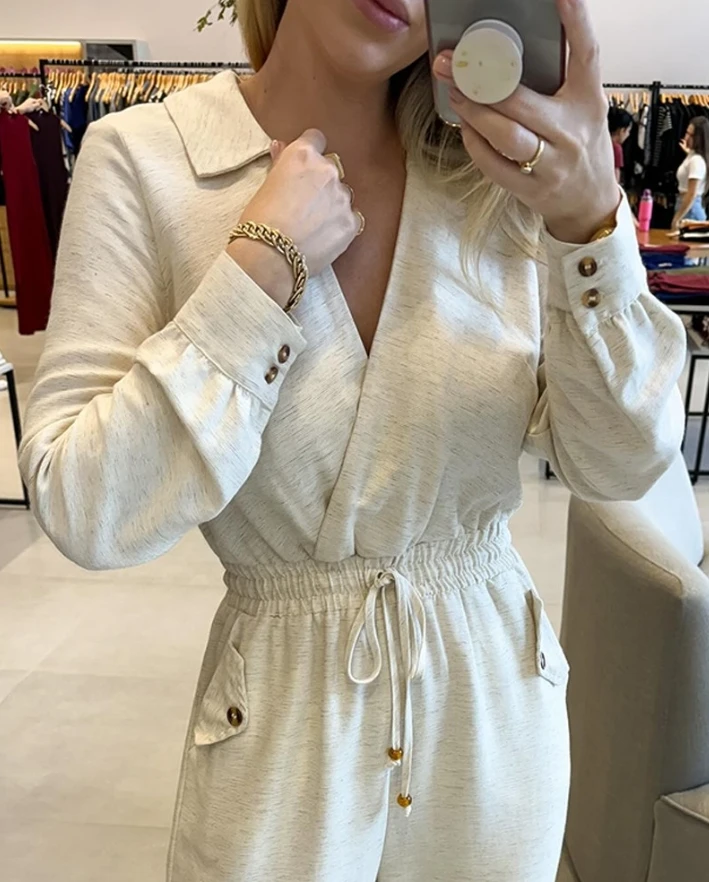 

Beige Fashionable Casual Lapel V-Neck Button Up Long Sleeved Shirt, High Waisted Drawstring Waist Jumpsuit, Ankle Tied Pants