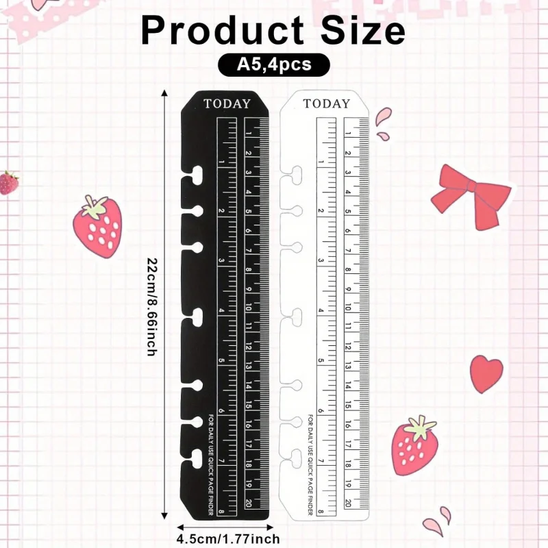4 Set A5 Size Snap Binder Page Markers - Durable Plastic Bookmark Ruler, Black/Transparent Divider for 6-Hole Notebooks