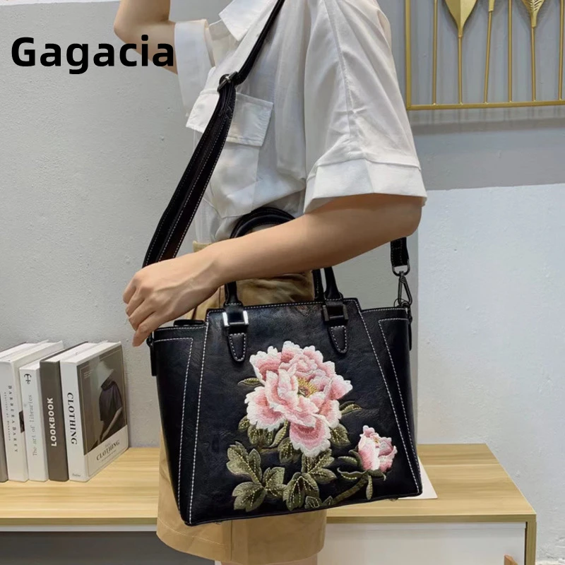 

GAGACIA New Vintage Embroidery Shoulder Bag Women 2024 Leather Large Capacity Crossbody HandBag Retro Flower Chinese Style Bags