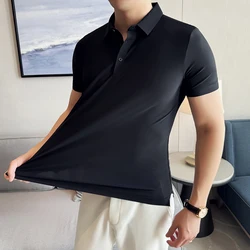 High Elastic Men Polo Shirt 2024 Summer New Light and Thin Breathable Ice Silk Solid Color Casual Slim Fit Short Sleeved T-shirt