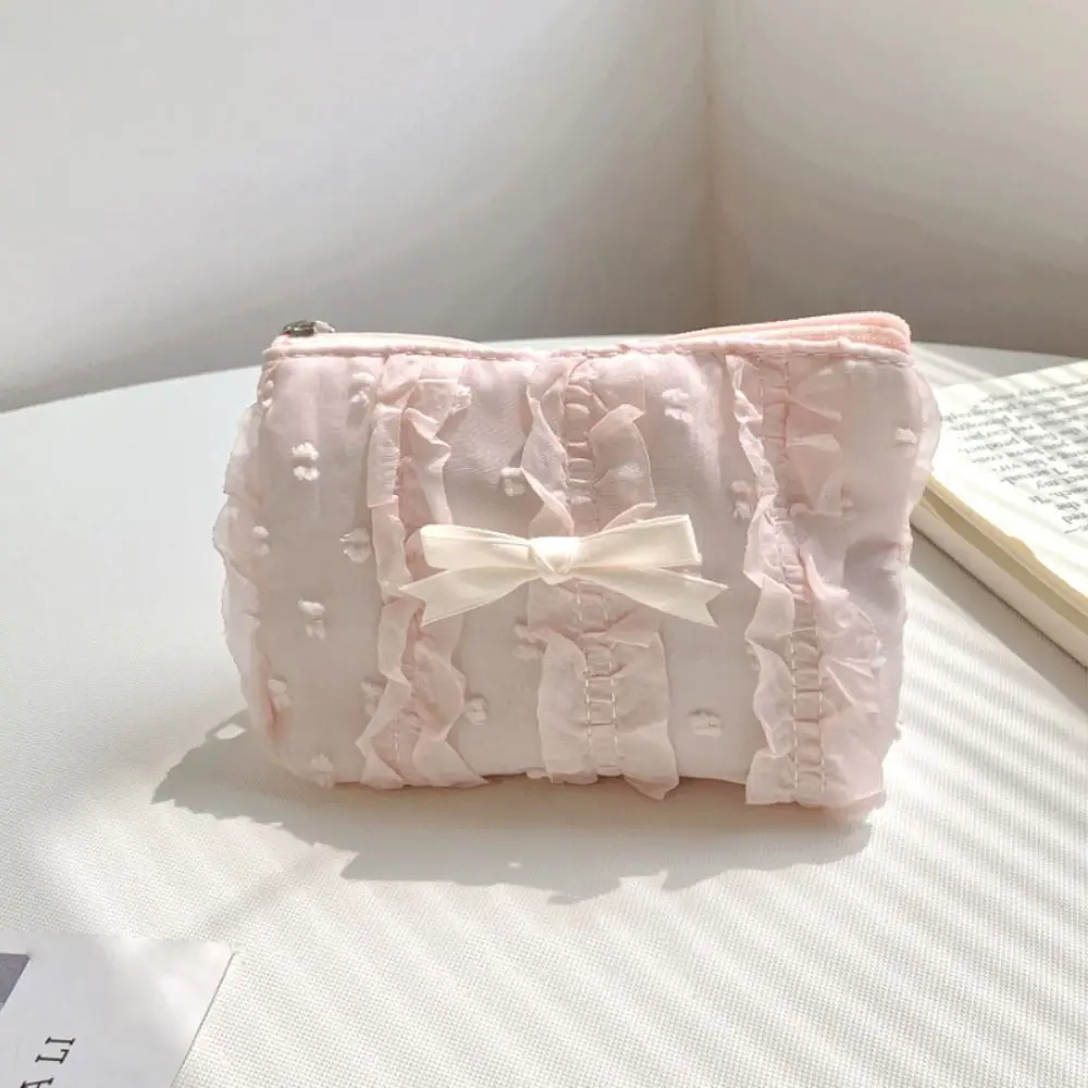 Cute Bow Girls Storage Bag Soft Lipstick Headphone Bag Coin Purse Solid Color Large Capacity Lace Clutch Bag