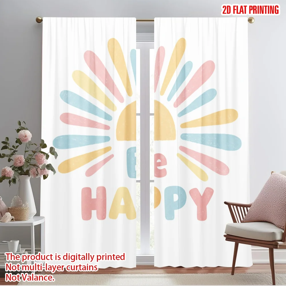 

2pcs 2D flat printing Curtains Happy Sun Watercolor Polyester Without Electricity Seasonal Party & Holiday Decor Perfect for New