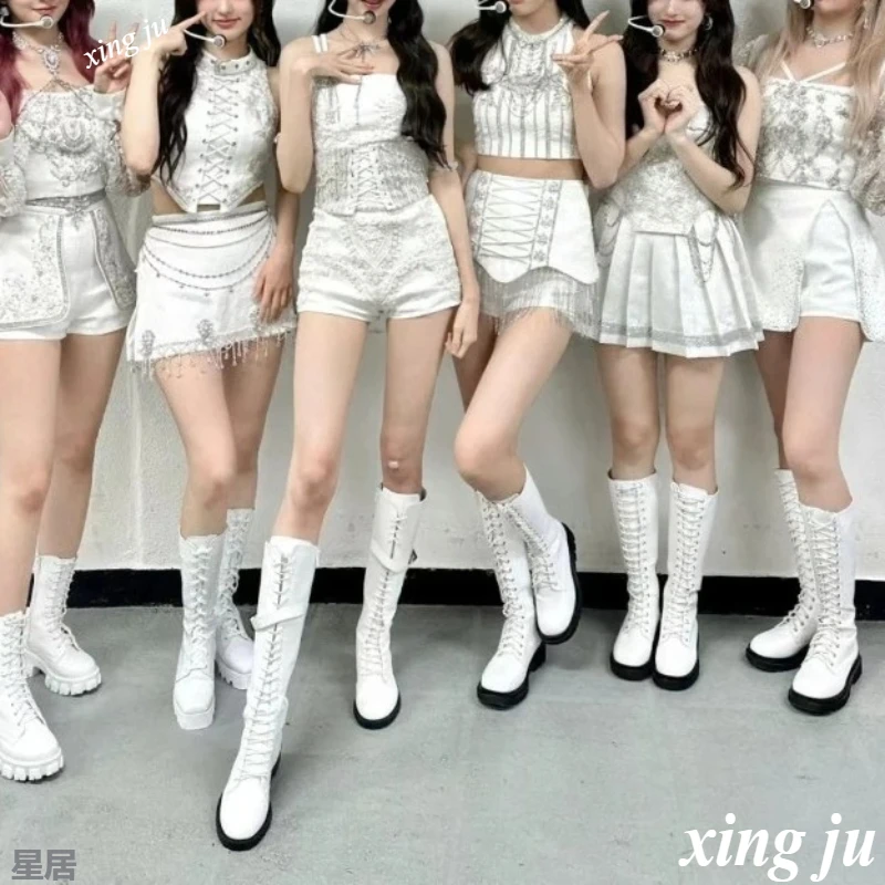 Kpop النساء مجموعة الحفل أداء زي الأبيض الرسن القمم لامعة شرابة السراويل المغني الجاز ملابس رقص DJ المرحلة وتتسابق