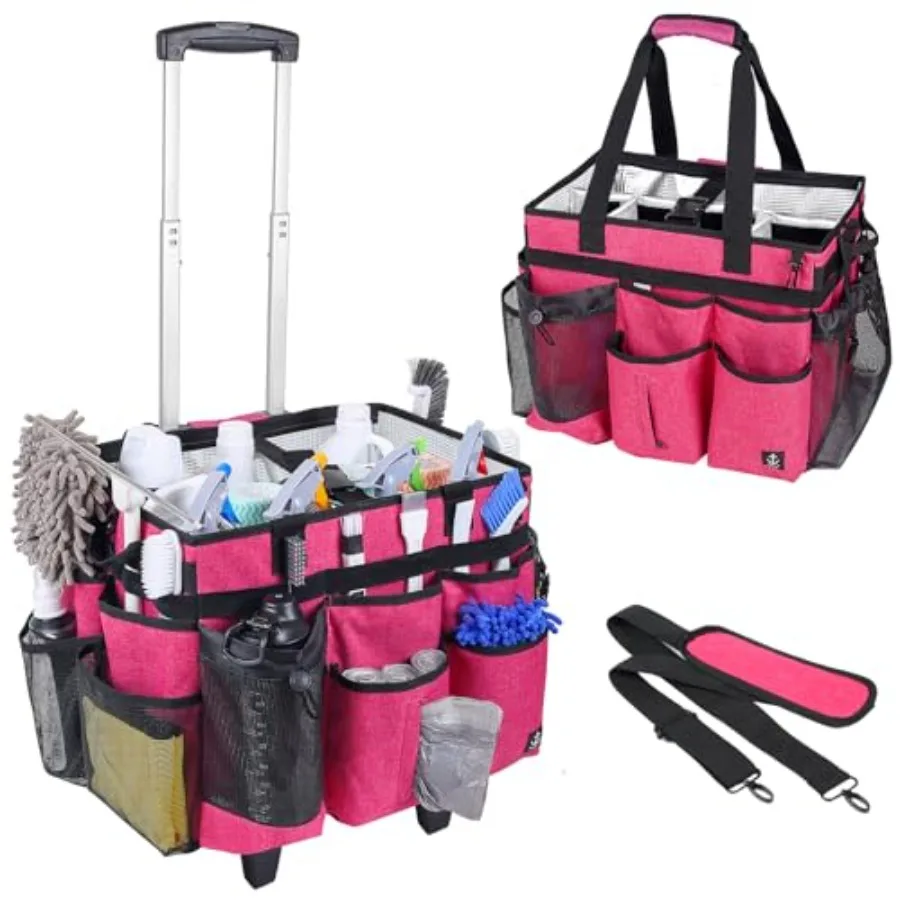 

Extra large Rolling Cleaning caddy bag Built-in Hard Support Board, Cleaning Cart with Detachable Trolley, Housekeeping Cleanin