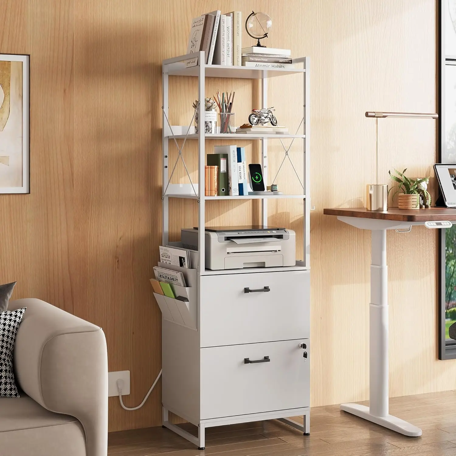 

2 Drawer File Cabinet With Lock, Charging Station & Adjustable Shelf,Tall Filing Cabinet For Home Office With Hook,, Customized