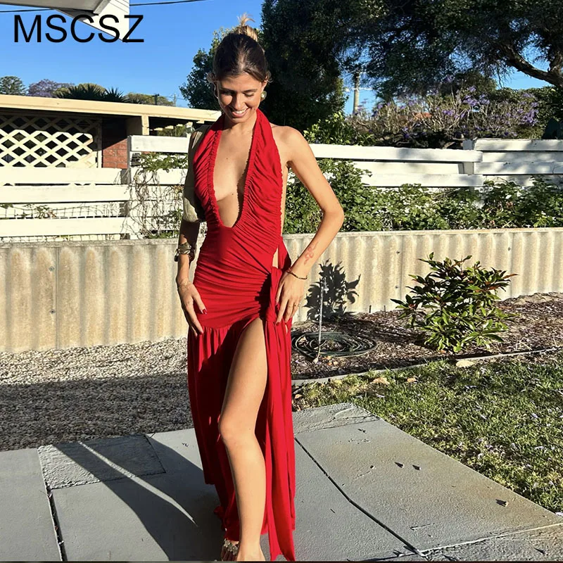 MSCSZ 여성용 섹시한 플런징 백리스 맥시 원피스, 구김 드레이프 하이 스플릿 롱 원피스, 드롭 웨이스트 플리츠 클럽 파티 드레스