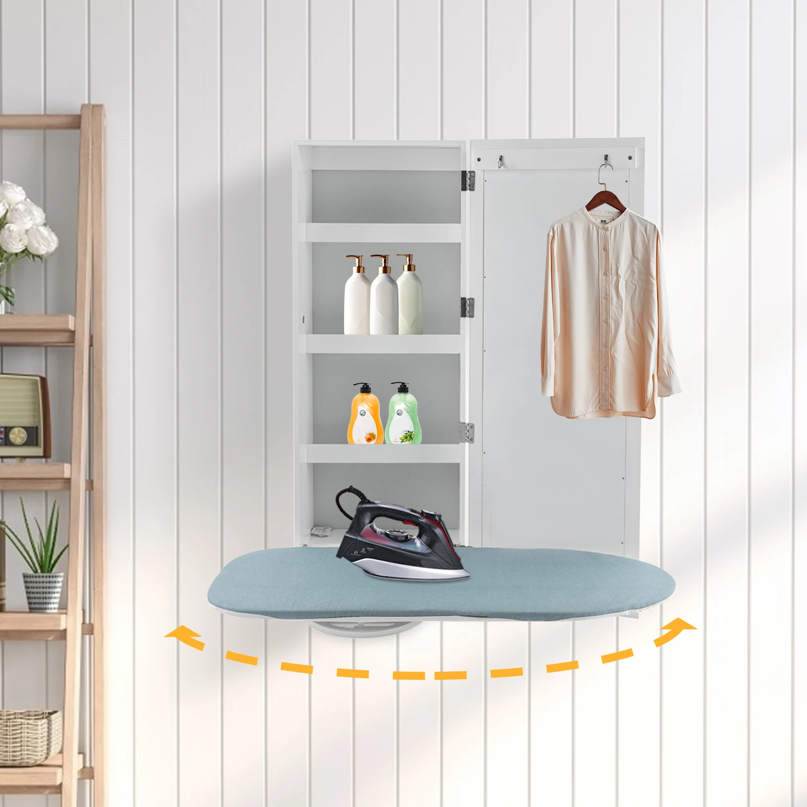 

Wall Mount Ironing Board Cabinet, Built-in Swivel Ironing Flat Panel Board Foldable with Storage, Wall Hanging with Mirror