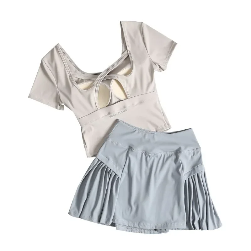 بدلة كرة الريشة تنورة التنس بدلة رياضية نسائية صيف 2025 جديد تشغيل المشي سرعة الجافة اللياقة البدنية دعوى اليوغا قميص بأكمام قصيرة #6