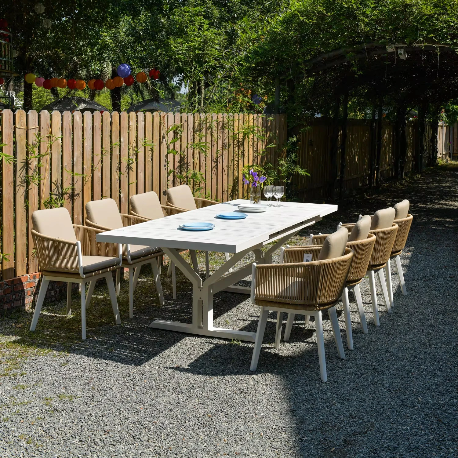 

Современная 8-10 сидений, водонепроницаемая алюминиевая удлинительная обеденная мебель для патио, 180-243 см, набор стульев из полиэтилена из ротанга для сада и отеля