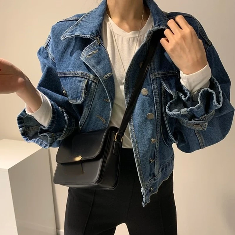 2024 ฤดูใบไม้ร่วงใหม่แฟชั่น Casual DENIM Coats Turn-Down COLLAR SINGLE Breasted Crop แจ็คเก็ตผู้หญิง Chic Patchwork แขนยาว Outwears