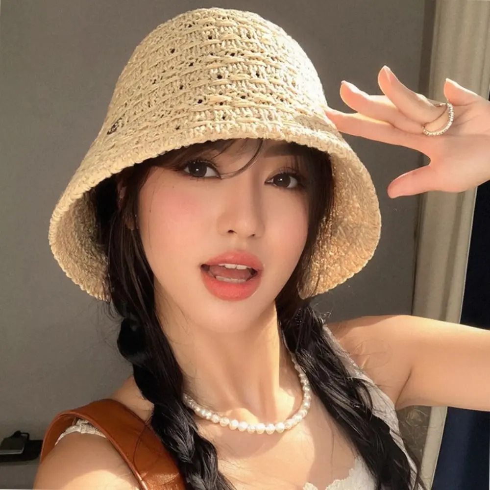 

Elegant Summer Straw Sun Hat Wide Brim Hollow Straw Bucket Hat Vacation Breathable Beach Visor Cap Outdoor