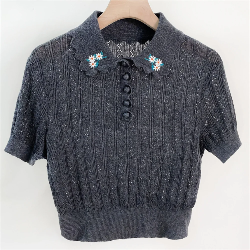 Flowers Embroidered Turn-Down Collar Women Grey Knit Short Sweater Female Slim Short Sleeve Knitwear Pullover Top