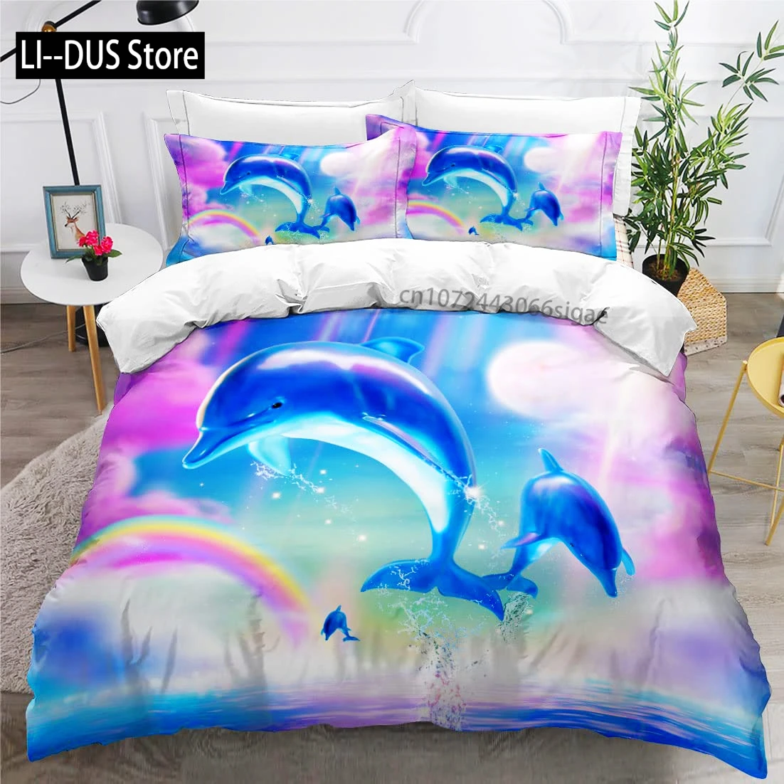 

Galaxy Bedding Set Dolphin Comforter Cover for Kids Adult Duvet Cover Sea Creatures Bed Cover Starry Sky Blue Room Decor 3Pcs