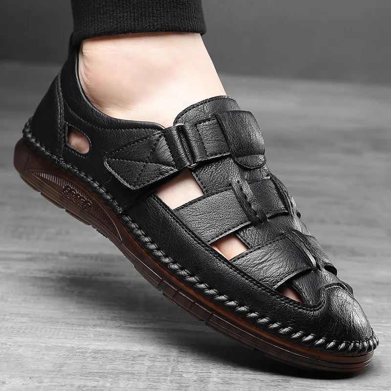 Leather Sandals Baotou 2025 Summer New Genuine Leather Breathable Hollow Porous Shoes Men's Tendon Soft Bottom Middle-Aged Dad