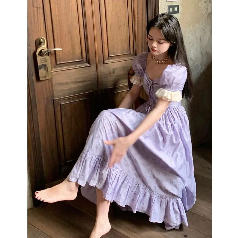 Gaganight Women Misty Purple Cloud French Style Retro Fairy Style Dress 2024 Summer New Slim Fit Fairy Dresses Female Vestidos