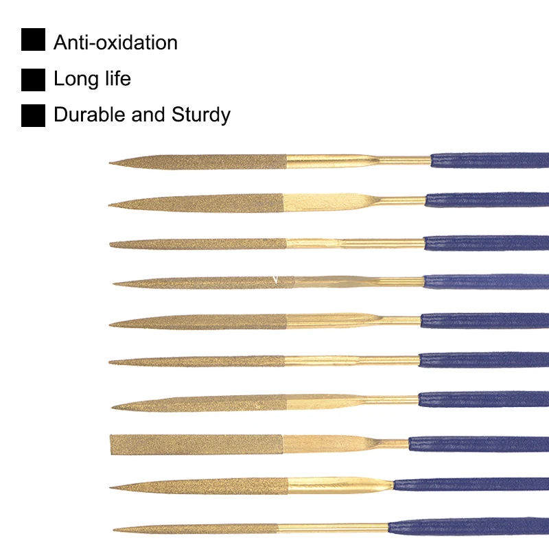 

10pcs Titanium Coated Diamond Files Set Soft Rubber Handles Variety Shapes Diamond Needle Files for Metal Glass Ceramics 3x140mm