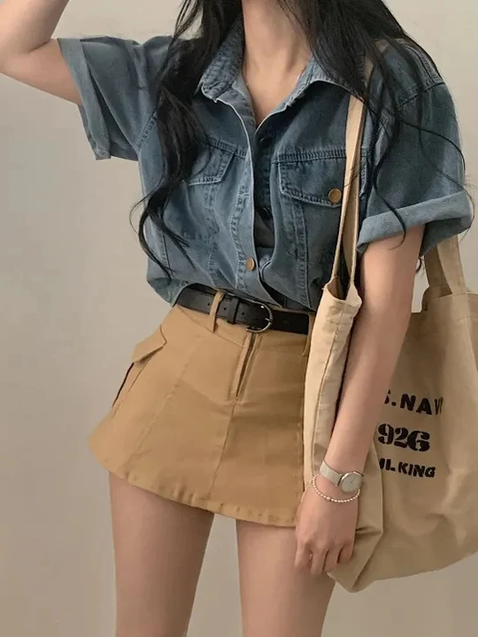 

Korean Sle ort Sve Denim Jaet Women's Spring New Vintage Turn-down Collar Single Button Cardigan Ele ort Top