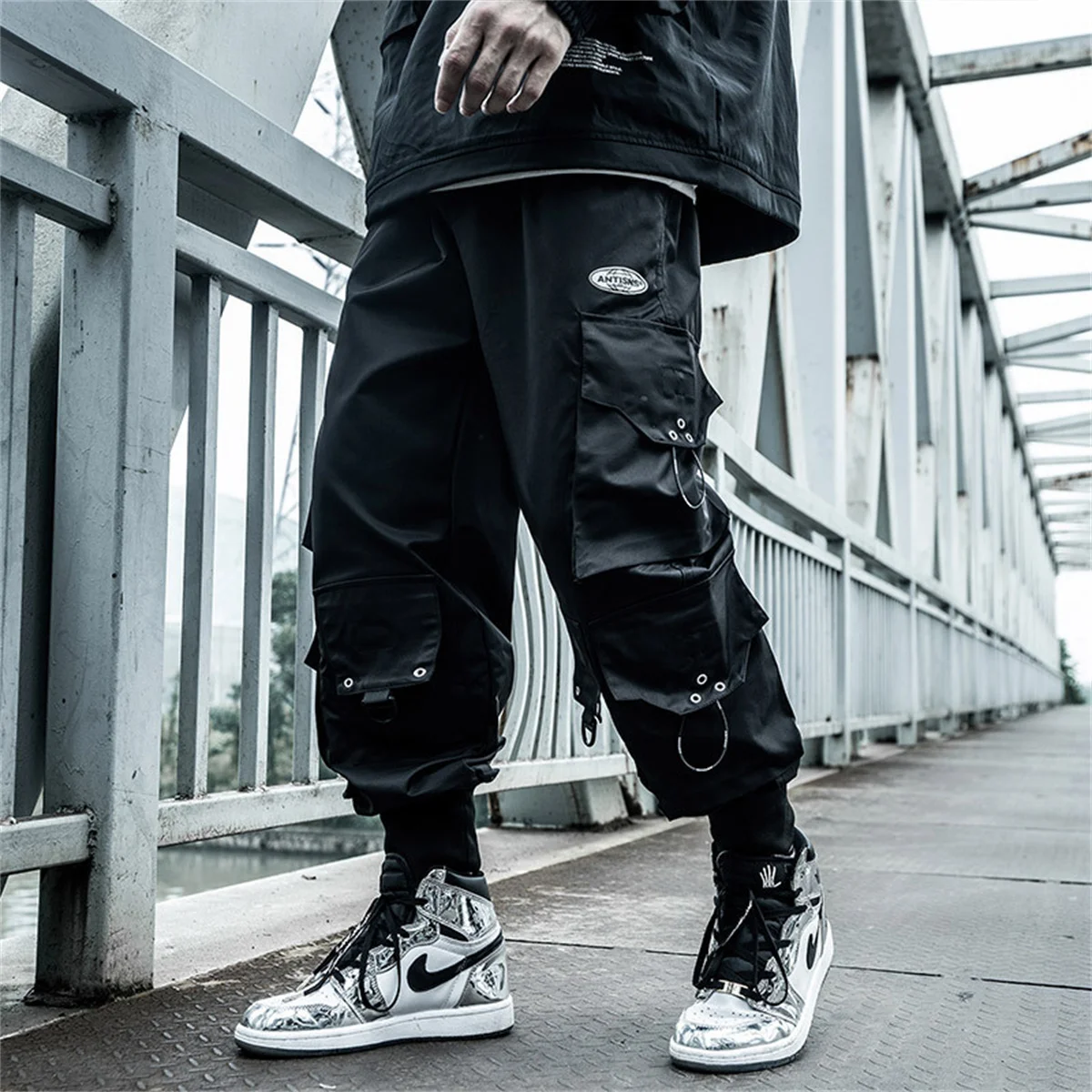 Men Black Cool Cargo Pants Pockets Gray Loose Out Door Elasticity Sports Oversize Kpop High Street Korean Pants Streetwear