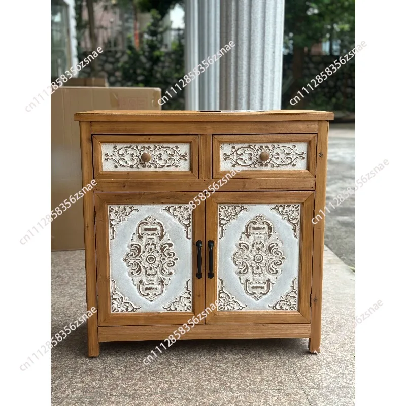 French retro wood carved dining side cabinet, locker, storage cabinet